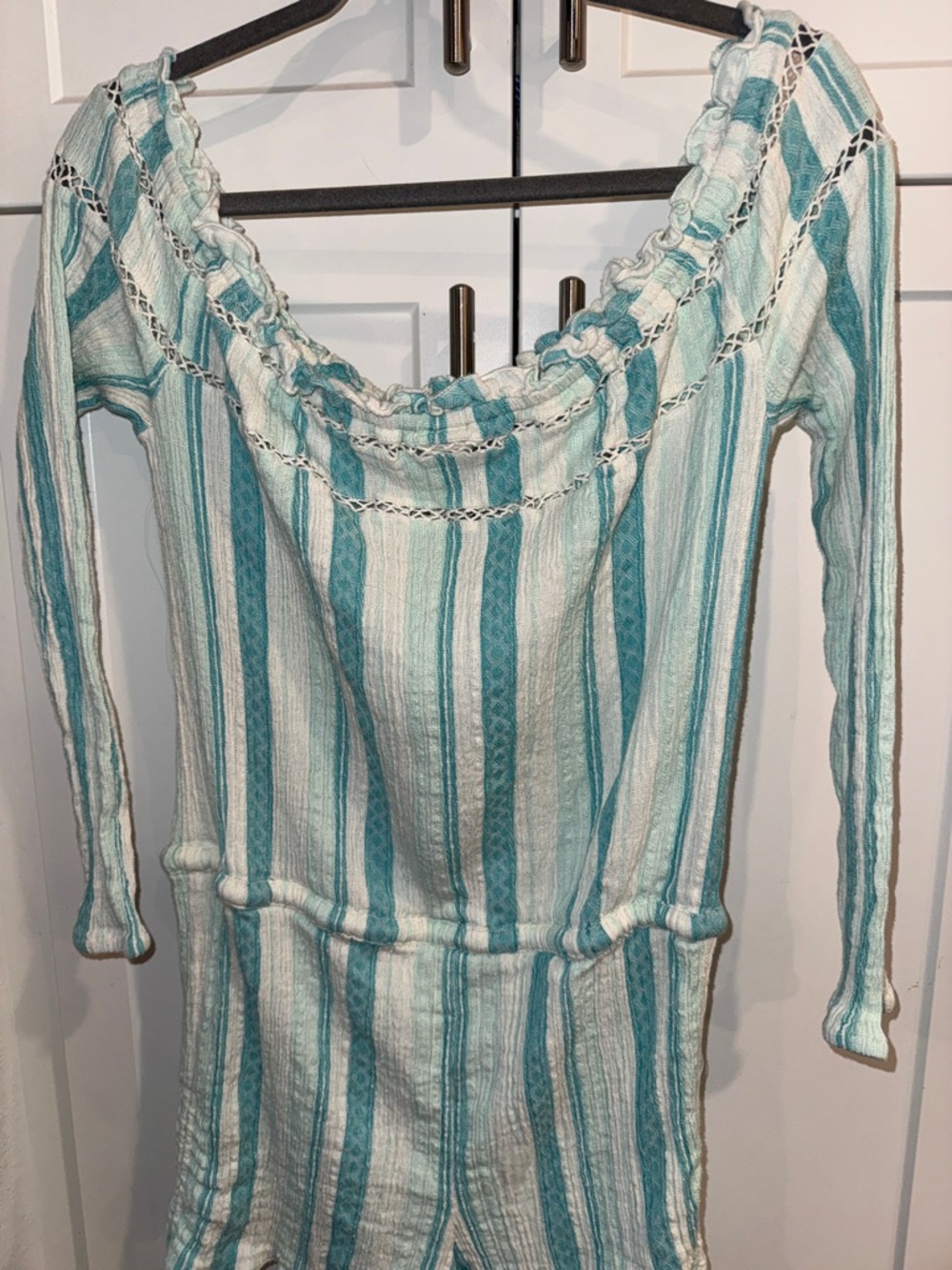 Roxy Teal and White Striped Off-Shoulder Romper